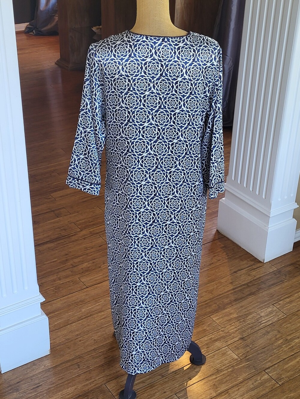 Oscar De La Renta Blue/White Floral Polyester Satin Kaftan Medium - Picture 3 of 11